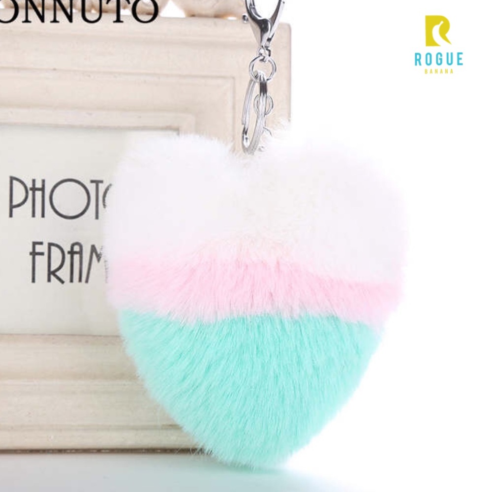 🆕White, Pink & Aqua Heart Pom Keychain Bag Charm